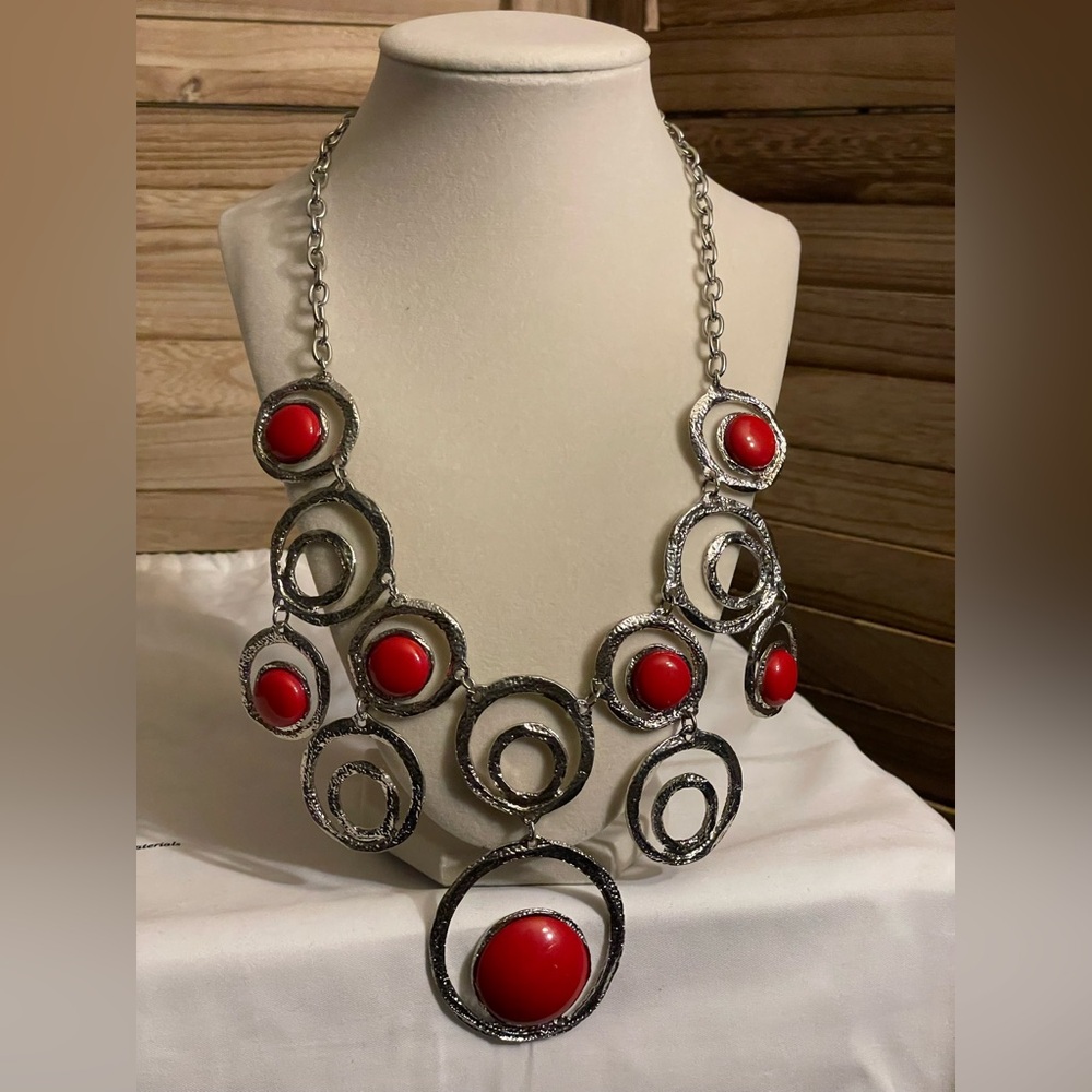 Silver and Red Circle Statement Necklace